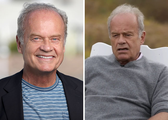 Actor smiling in casual attire and seated outdoors, featured in a story about celebrities who experienced homelessness.