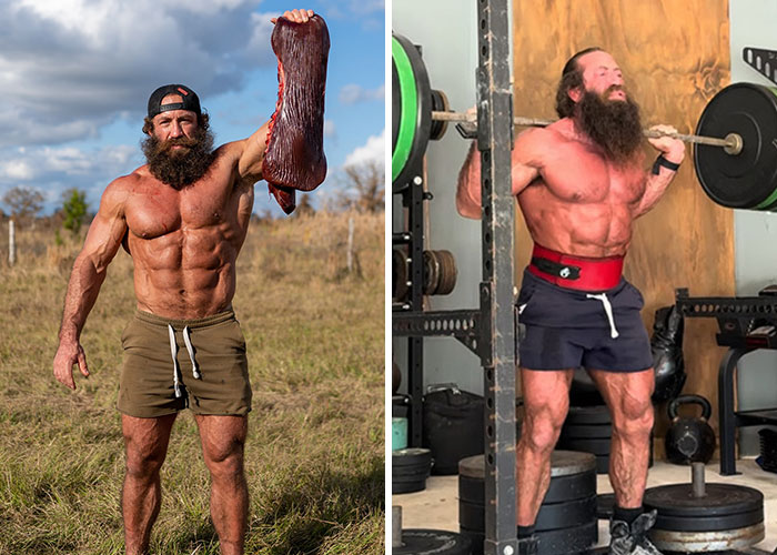 Muscular bearded influencer holding meat outdoors and lifting barbell during gym workout, illustrating influencer career challenges.