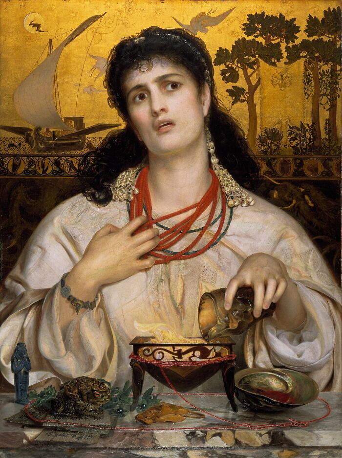 Portrait of a woman with dark hair and red beads, surrounded by Victorian objects, evoking bizarre and creepy Victorian facts.