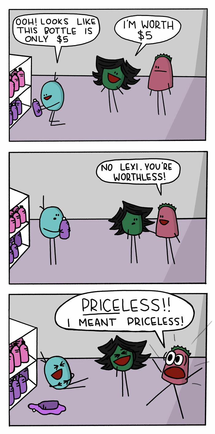 Three-panel comic with characters humorously depicting awkward moments and relatable life situations.