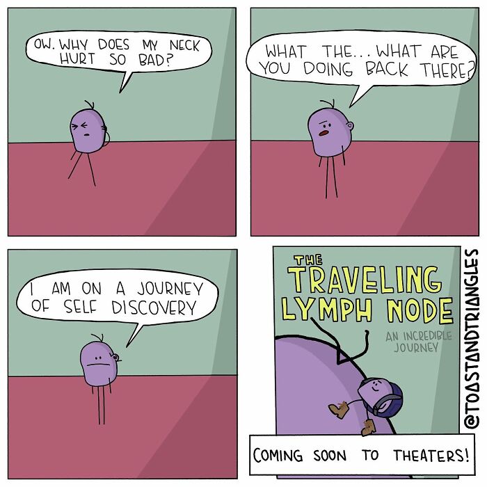 Comic strip humorously depicting a relatable awkward moment about neck pain and self-discovery in everyday life.