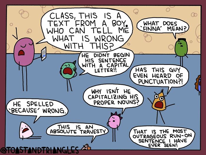 Colorful comic characters discussing grammar mistakes in a humorous and relatable comic capturing life’s awkward moments.