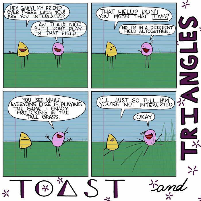 Comic strip featuring two characters humorously discussing different interests in an awkward social moment.