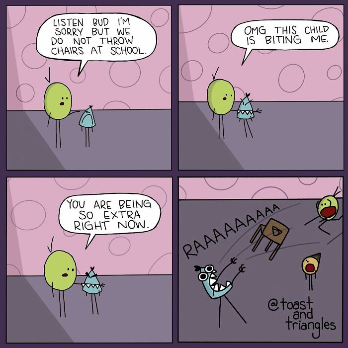 Simple comic with two stick-figure characters humorously depicting awkward moments and school misbehavior.