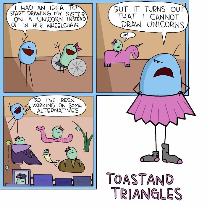 Comic strip showing relatable awkward moments with characters humorously struggling to draw unicorns and alternative creatures.