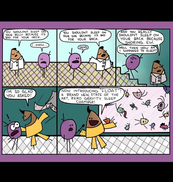 Colorful comic panels showing relatable awkward moments about sleeping positions and a zero gravity sleep chamber invention.