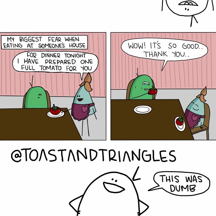 Comic strip showing a relatable awkward moment about eating a full tomato prepared at someone's house.