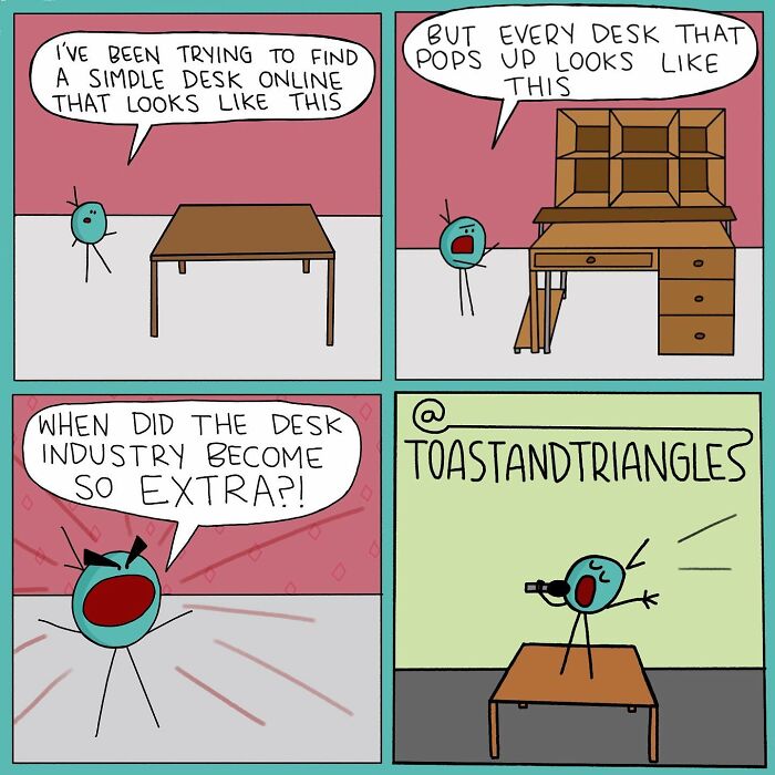 Comic panels showing a character humorously frustrated by the complexity of desks, capturing life’s awkward moments.