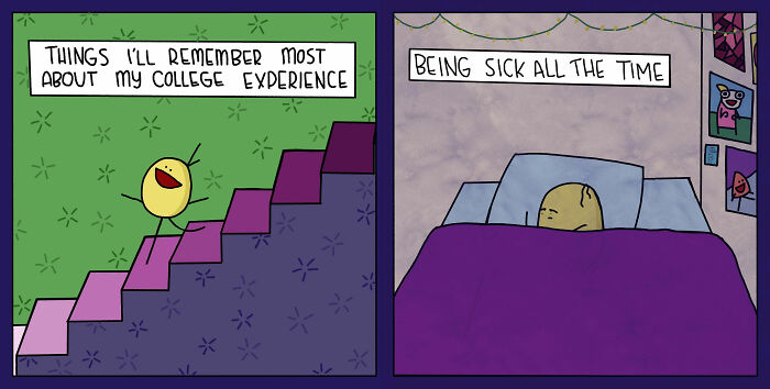 Two-panel comic illustrating awkward moments with a character happily recalling college and then being sick in bed.