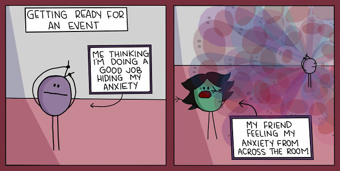 Comic strip illustrating relatable awkward moments with characters showing anxiety before an event and a friend sensing it.