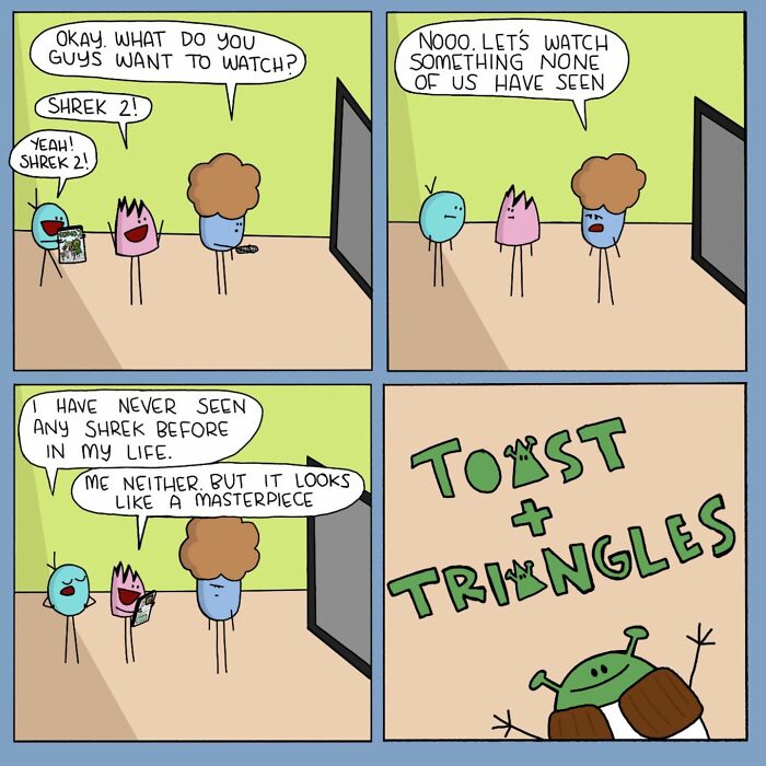 Comic strip showing three characters debating what to watch with relatable awkward moments about choosing a movie to watch.