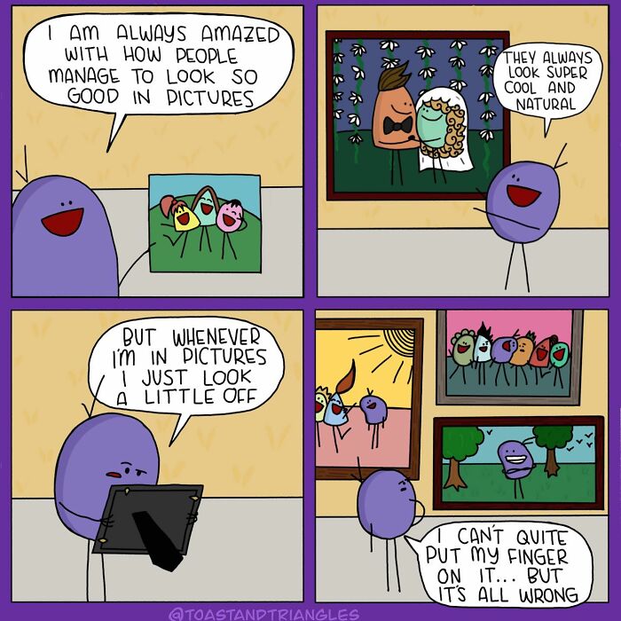 Comic panels showing a character humorously reflecting on life’s awkward moments about looking off in pictures.