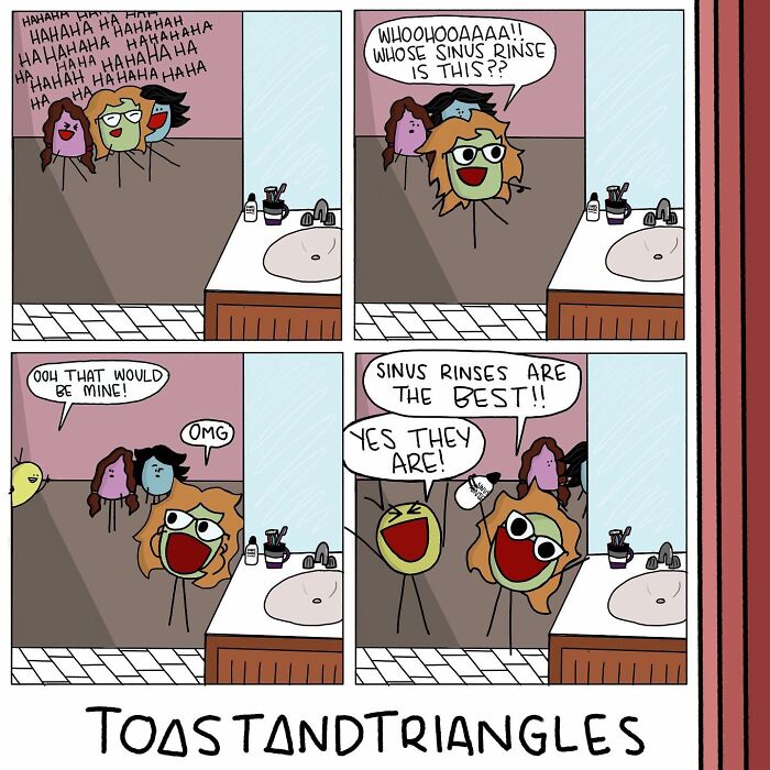 Four-panel comic with characters humorously discussing and celebrating the joy of sinus rinses in an awkward life moment.