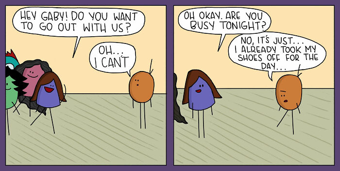 Two-panel comic featuring simple characters illustrating awkward social moments in relatable life situations.