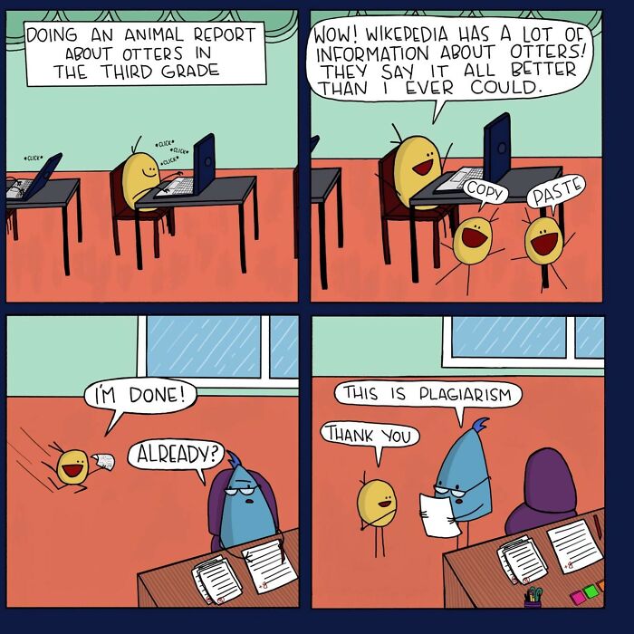 Comic strip showing relatable awkward moments of plagiarism while doing a school project in a humorous style.