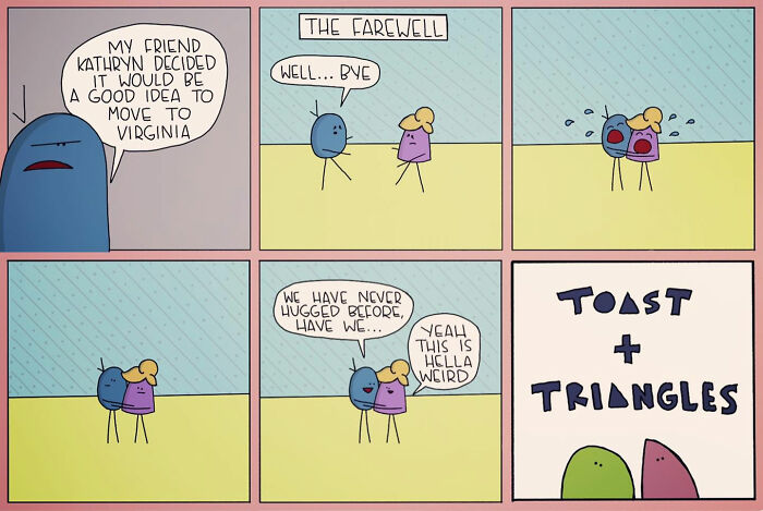 Simple comic panels showing two characters awkwardly saying farewell and hugging, capturing life’s awkward moments.