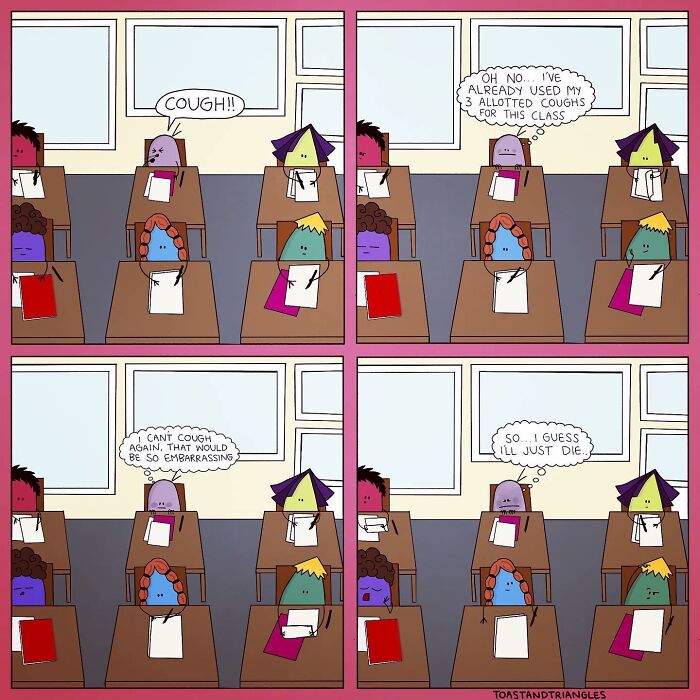 Cartoon classroom scene in a relatable comics style showing awkward moments of trying not to cough in class.