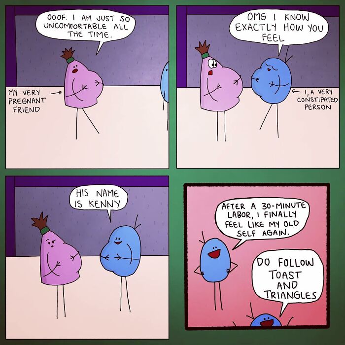 Comic strip showing a pregnant character and a constipated character sharing awkward and relatable life moments.