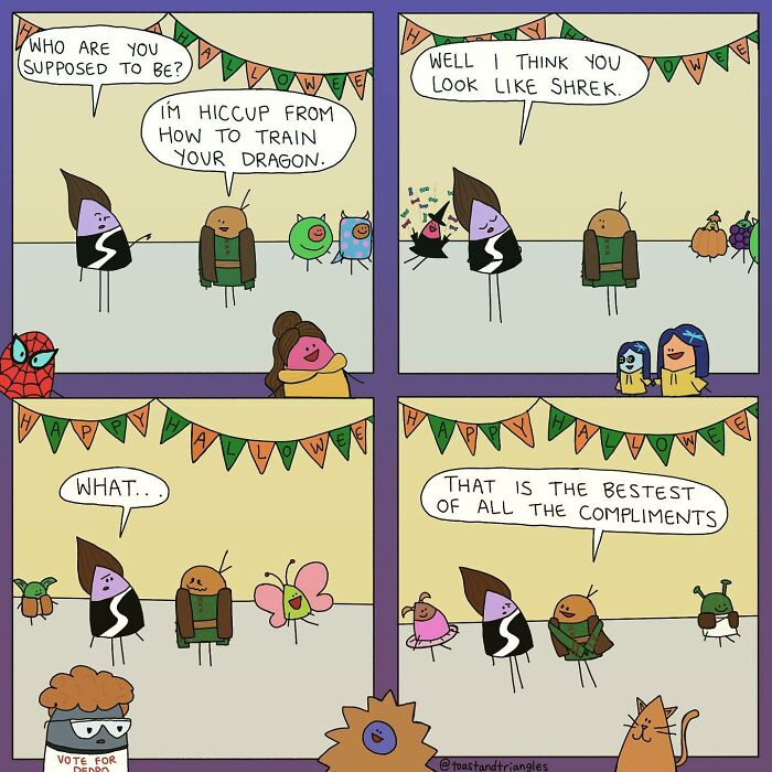 Comic strip showing characters in Halloween costumes, capturing life’s awkward moments with funny and relatable dialogue.