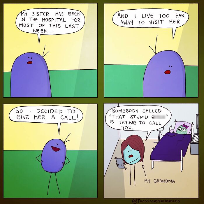 Comic panels showing a relatable awkward moment with characters discussing a hospital visit and a prank call in a simple cartoon style.