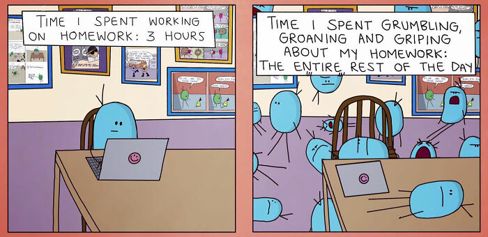 Blue cartoon character working on homework versus grumbling about it in relatable comic capturing life’s awkward moments.