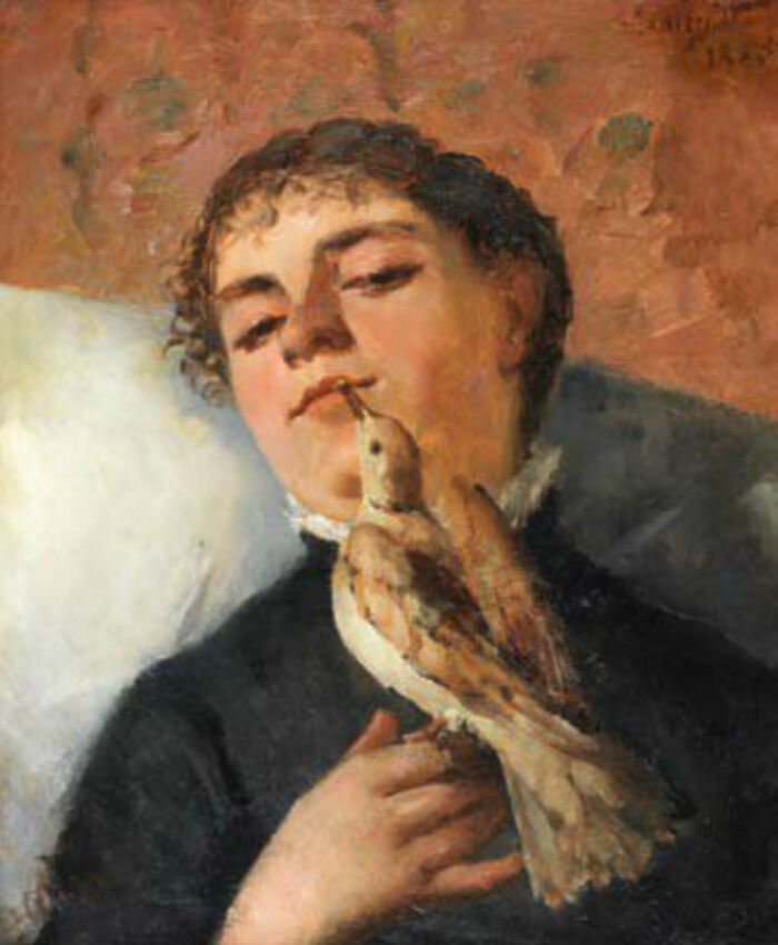Victorian-era painting of a person reclining with a bird touching their face, illustrating bizarre and creepy Victorian facts.