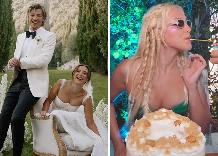Side-by-side images of a wedding couple outdoors and a woman lighting a cigarette with cake, illustrating celebrities called out for awful parenting.