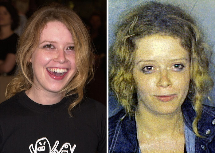 Side-by-side images of a female celebrity smiling and in an older photo highlighting celebrity homelessness experiences.