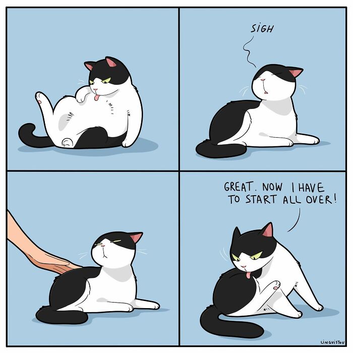 Comic panels showing a black and white cat annoyed by petting, a comic drawing cat owners might relate to.