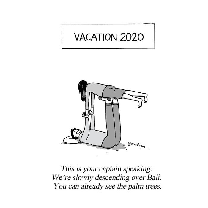 Darkly funny one-panel comic by War and Peas showing a couple imagining a vacation in 2020 with humor.