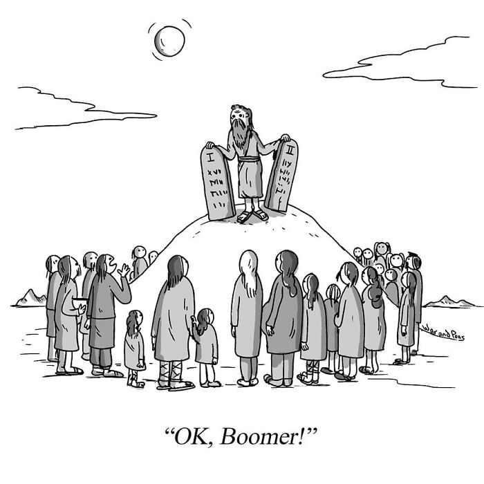 Darkly funny one-panel comic by War and Peas showing a man with stone tablets saying OK Boomer to a crowd.