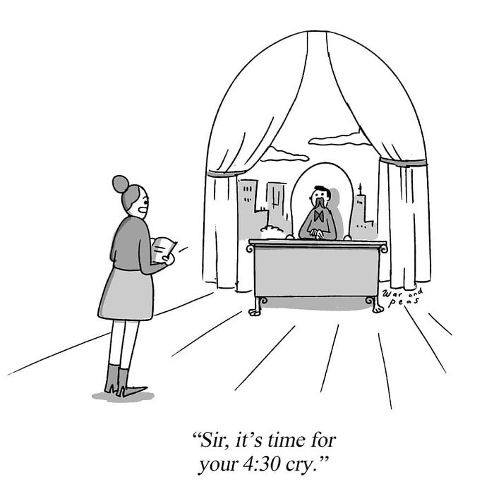 One-panel darkly funny comic by War and Peas showing a person told it's time for their daily 4:30 cry.
