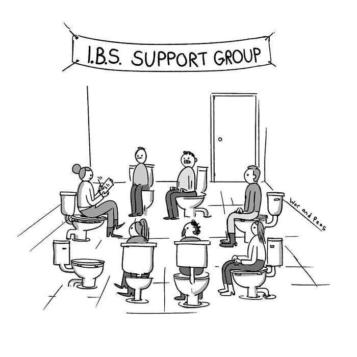 Darkly funny one-panel comic by War and Peas showing an IBS support group sitting on toilets in a circle.