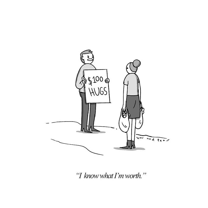 One-panel darkly funny comic by War and Peas showing a person selling $100 hugs with sarcastic caption.
