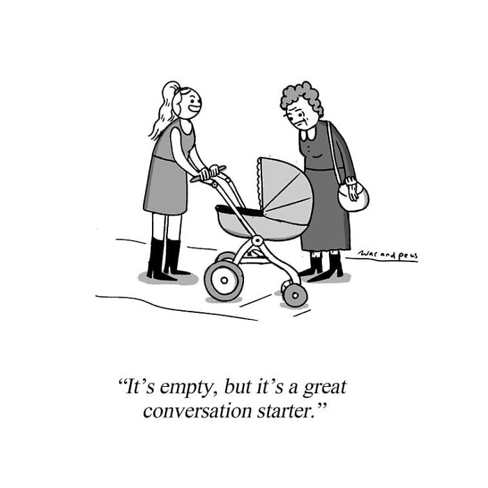 Darkly funny one-panel comic by War and Peas showing two women with an empty baby stroller.