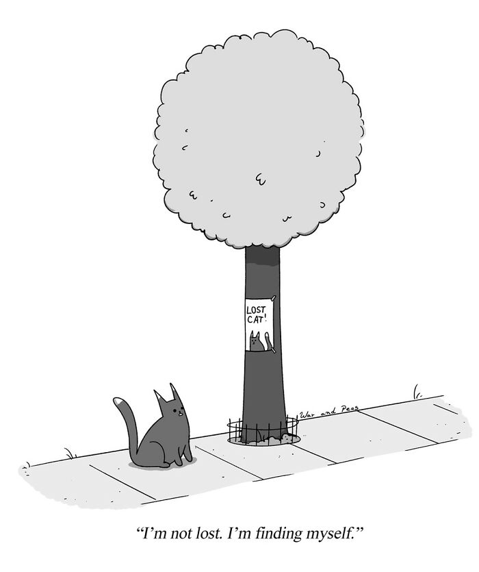 Darkly funny one-panel comic by War and Peas showing a cat next to a lost cat poster on a tree.