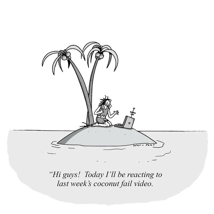 One-panel comic by War and Peas showing a stranded man reacting to a coconut fail video on a laptop on a tiny island.