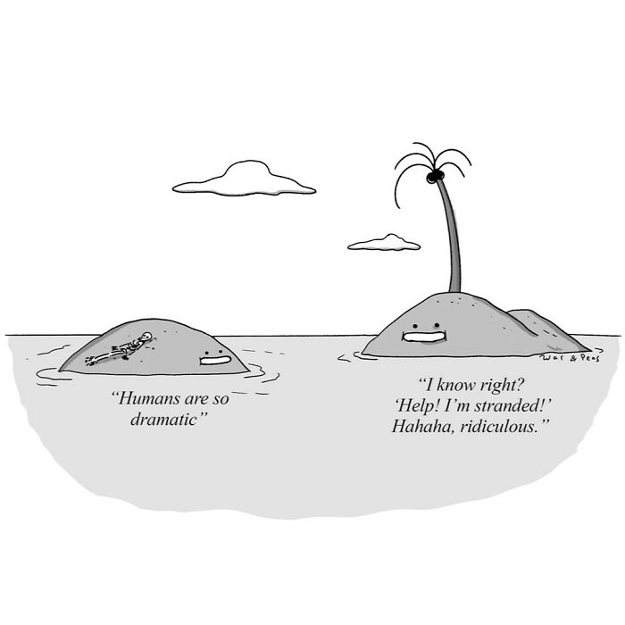 Two one-panel darkly funny comics by War and Peas featuring talking islands with humorous stranded human dialogue.