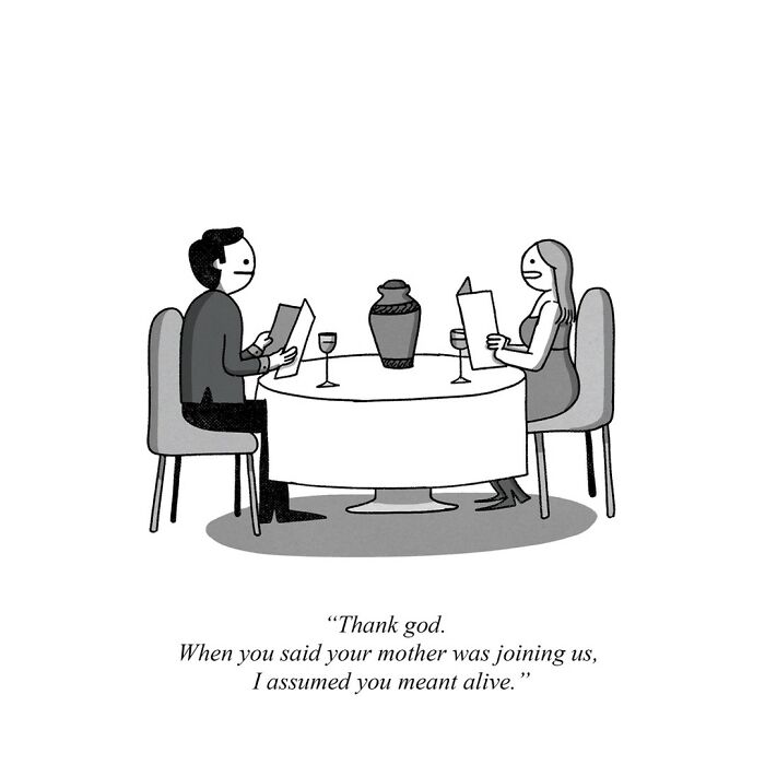 A darkly funny one-panel comic from War and Peas showing a couple at dinner with an urn on the table.