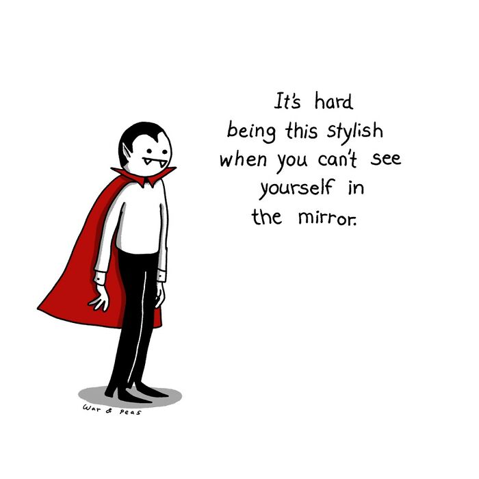 Darkly funny one-panel comic by War and Peas featuring a stylish vampire and a humorous mirror joke.