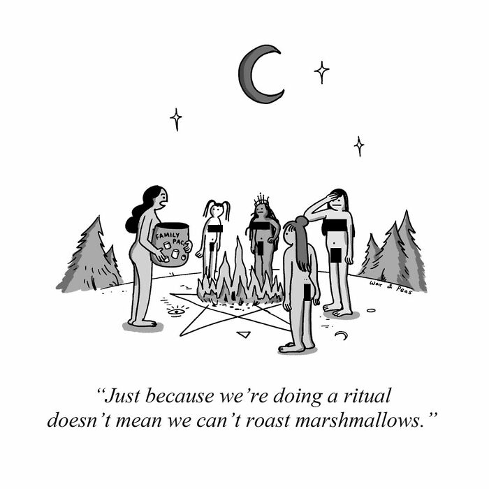 Darkly funny one-panel comic by War and Peas showing people roasting marshmallows during a ritual under a night sky.