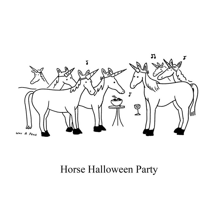 Group of unicorns at a party with music and drinks in a darkly funny one-panel comic by War and Peas.