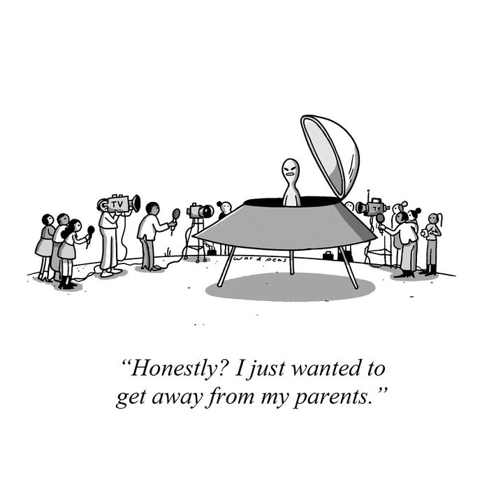Alien in a spaceship being interviewed by reporters in a darkly funny one-panel comic by War and Peas.