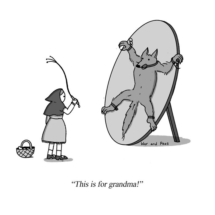 Darkly funny one-panel comic by War and Peas showing girl punishing the wolf stuck on a target board.