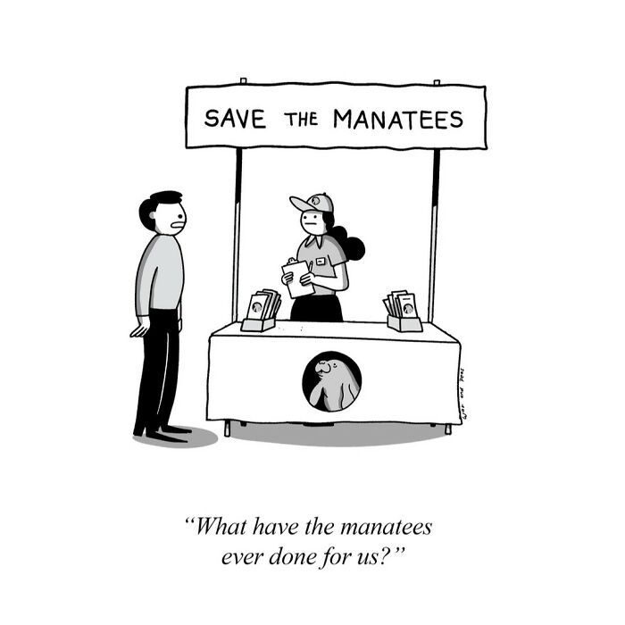 One-panel comic from War And Peas showing a Save the Manatees booth and a skeptical visitor.