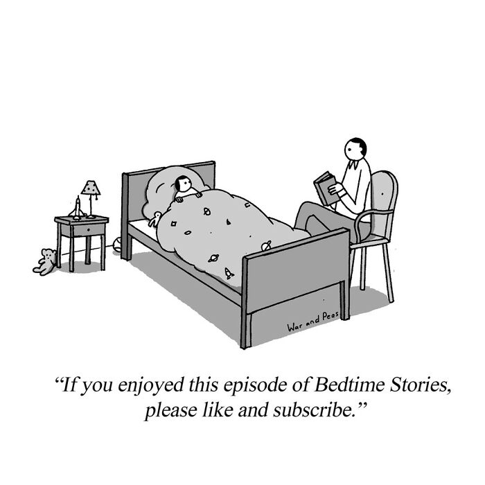 One-panel darkly funny comic showing a person reading bedtime stories to a child, by War and Peas.