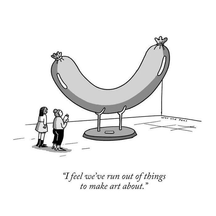 Two women view a large sausage sculpture in a gallery, showcasing darkly funny one-panel comics by War and Peas.