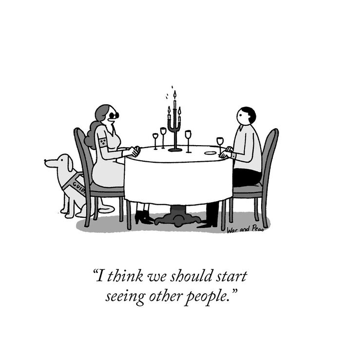 Couple having a tense dinner date with a service dog nearby in a darkly funny one-panel comic by War and Peas.