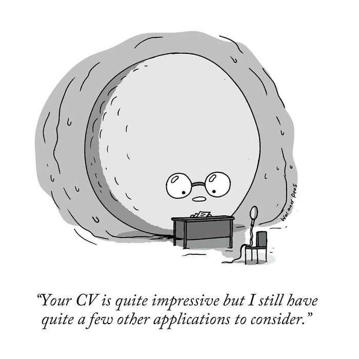 Darkly funny one-panel comic by War and Peas featuring a giant character reviewing CVs at a desk.