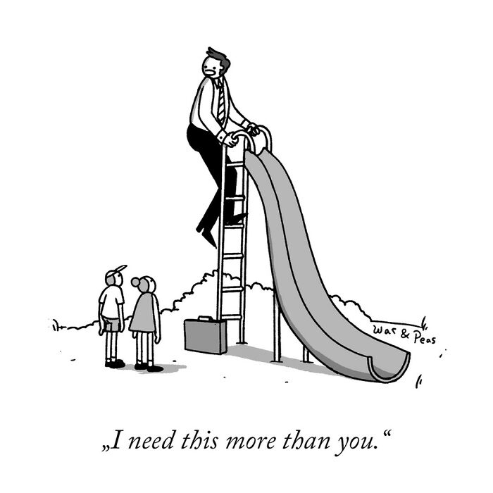 Man in business attire climbing a slide with briefcase, two kids watching, darkly funny one-panel comic by War and Peas